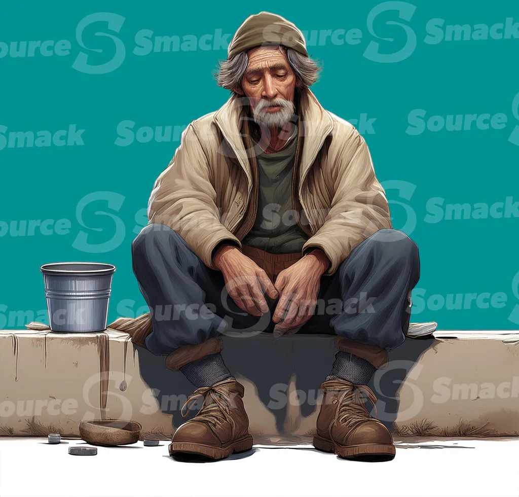 A homeless older man looking sad sitting on a curb clipped as a transparent image