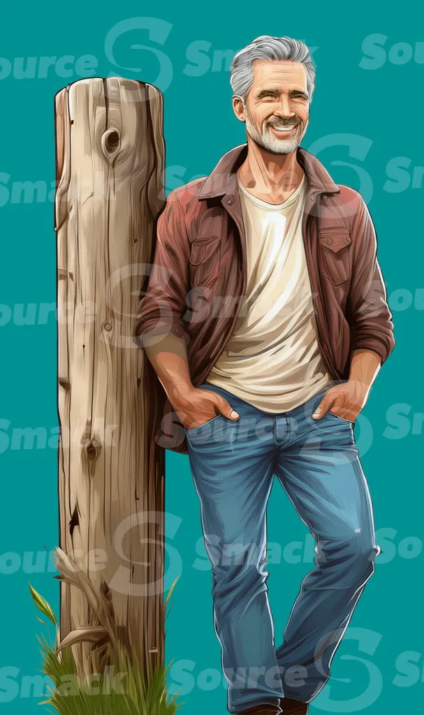 A relaxed mature man with gray hair leaning up against a fence post clipped as a transparent image