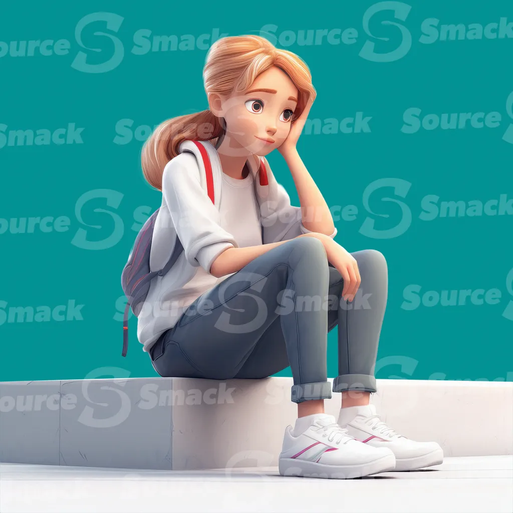 A young worried blonde female student sitting on steps clipped as a transparent image