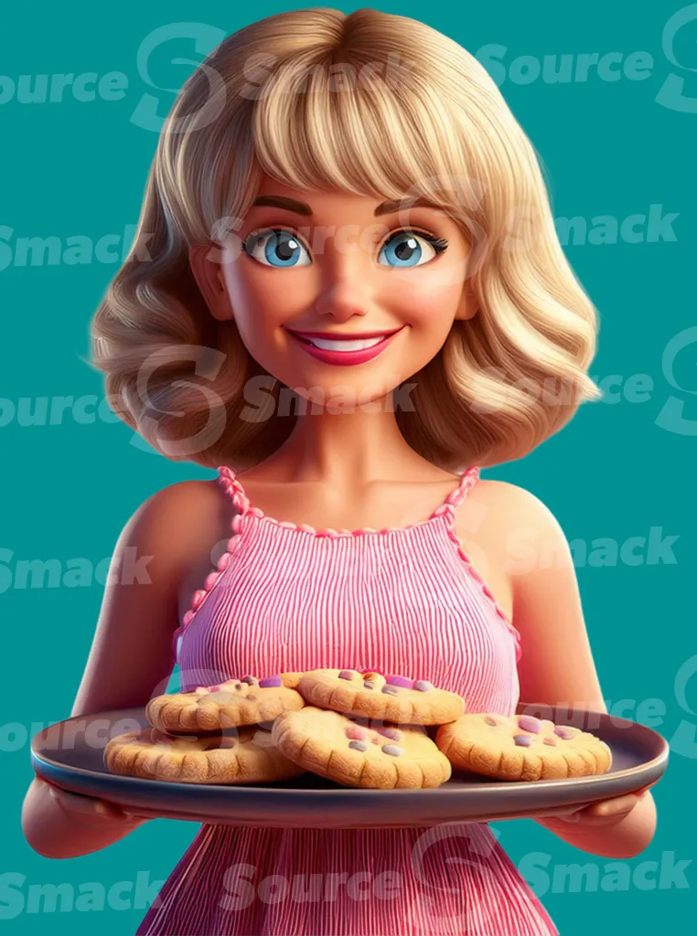 A blonde woman holding a plate of baked cookies clipped as a transparent image