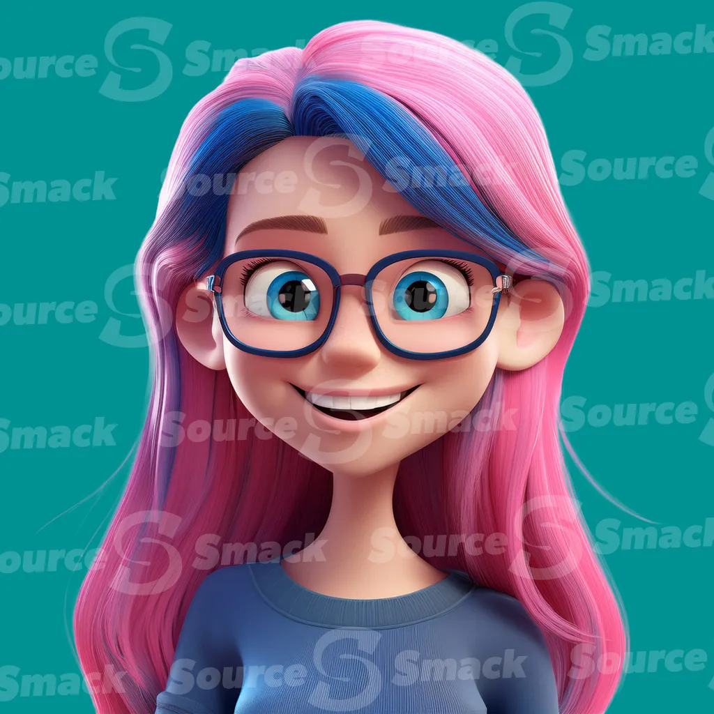 A cheerful teenage girl with vibrant pink and blue hair and blue rimmed glasses smiles directly at the viewer clipped as a transparent image