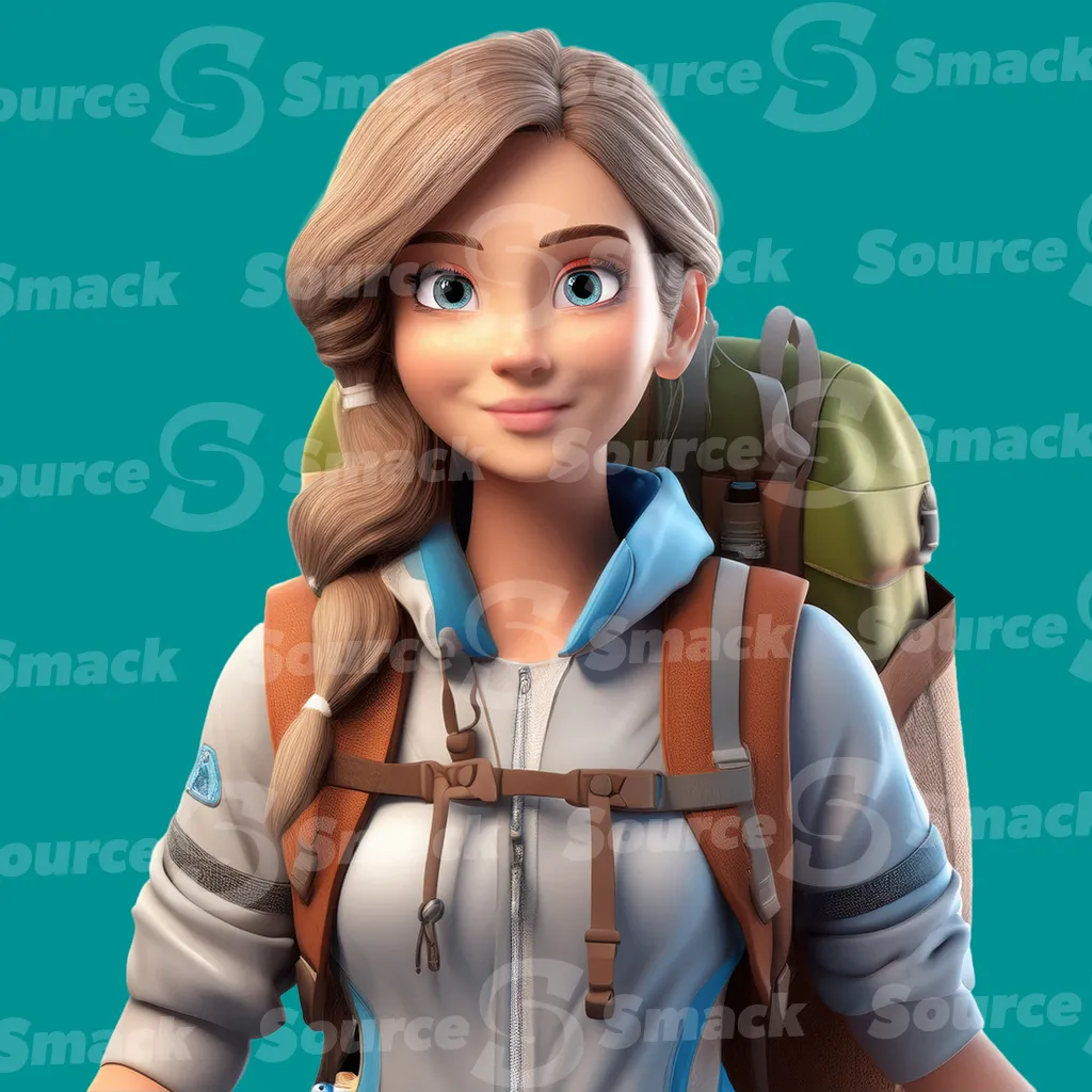A young blonde woman hiker wearing a backpack clipped as a transparent image