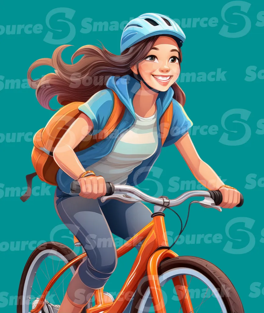 A happy young girl riding a bike with a knapsack clipped as a transparent image
