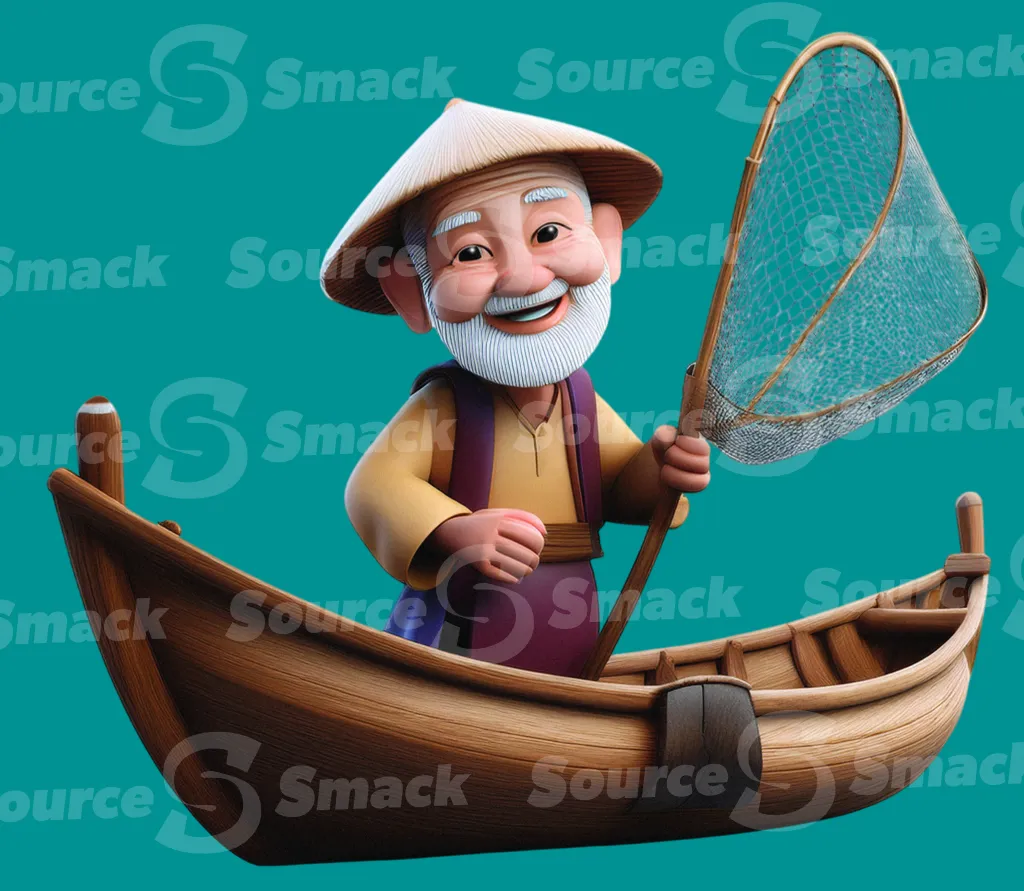 An old asian man fishing on a wooden boat clipped as a transparent image
