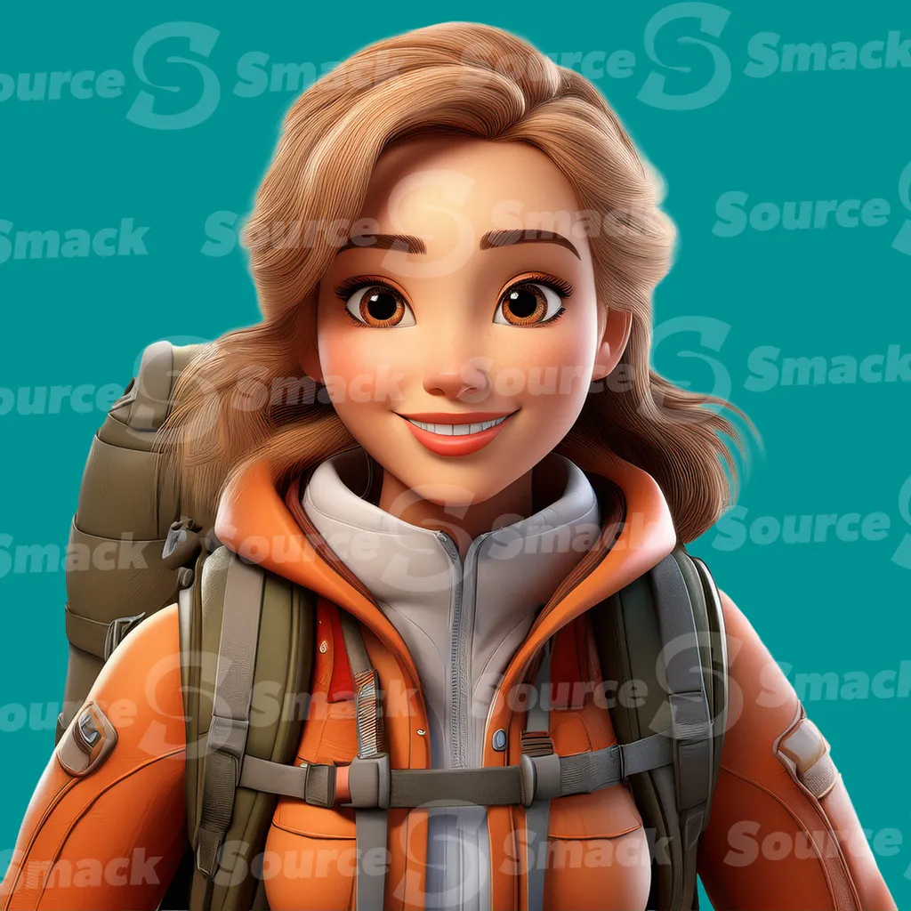 A young red haired woman hiker wearing a backpack clipped as a transparent image