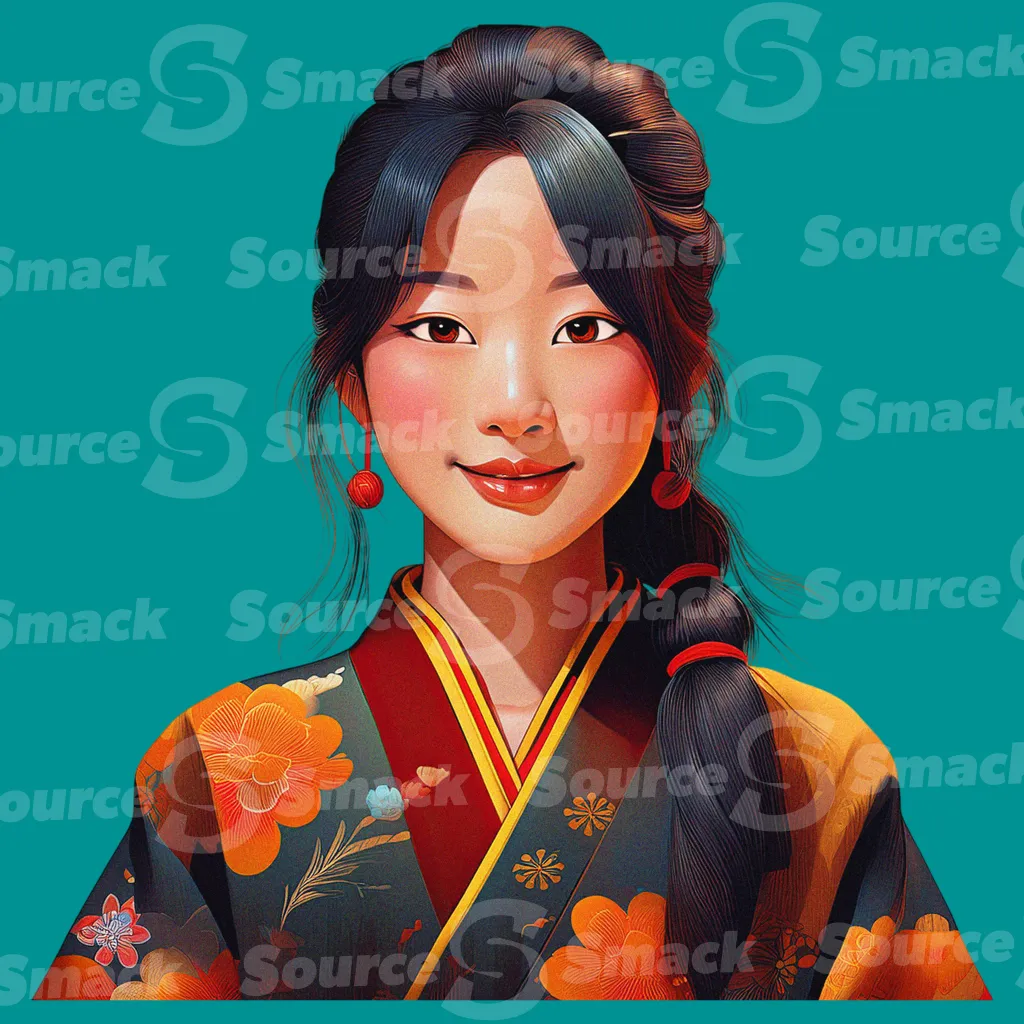 A young asian teen in traditional clothing clipped as a transparent image