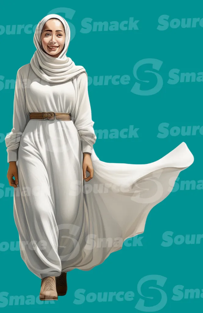 A confident woman wearing a hijab walking clipped as a transparent image