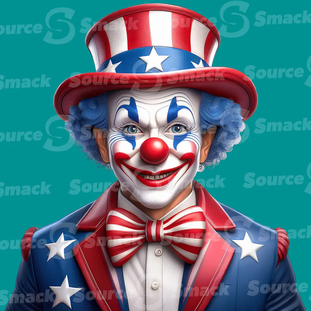 A clown dressed in american-style clothing with blue hair and a top hat clipped as a transparent image