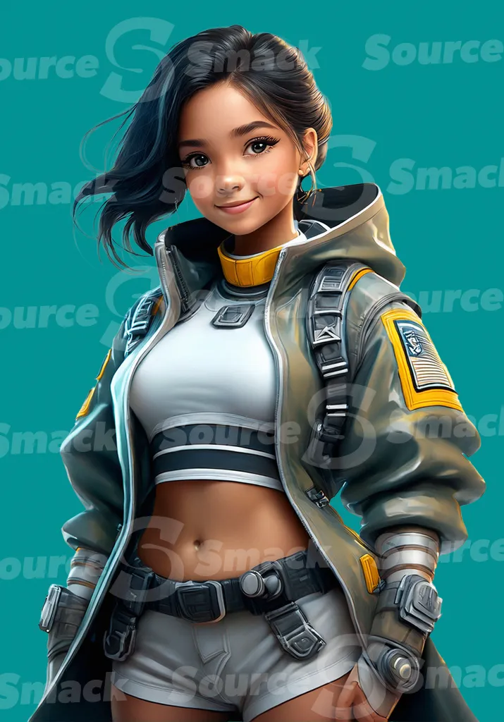 A young spanish female teen wearing futuristic Arcane-style clothing standing clipped as a transparent image