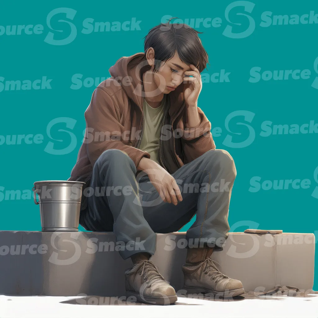 A homeless asian teen looking sad sitting on a curb clipped as a transparent image
