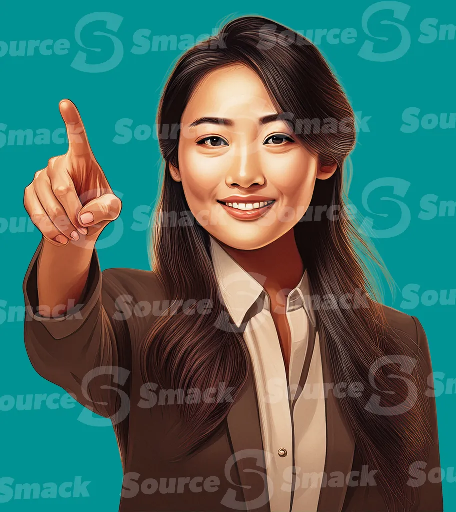 A young asian woman pointing towards something clipped as a transparent image