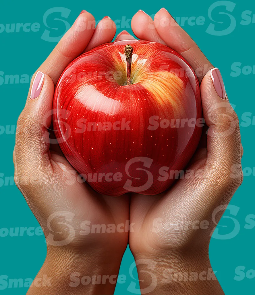 A spanish woman cupping hands together to hold an apple clipped as a transparent image
