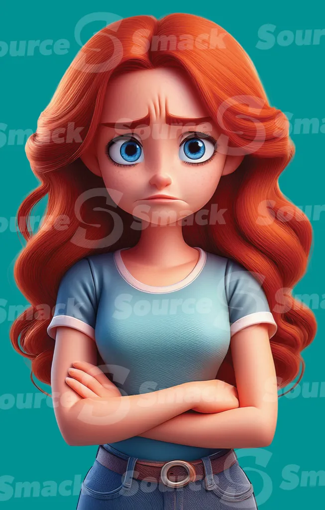 An sad red hair girl with folded arms clipped as a transparent image
