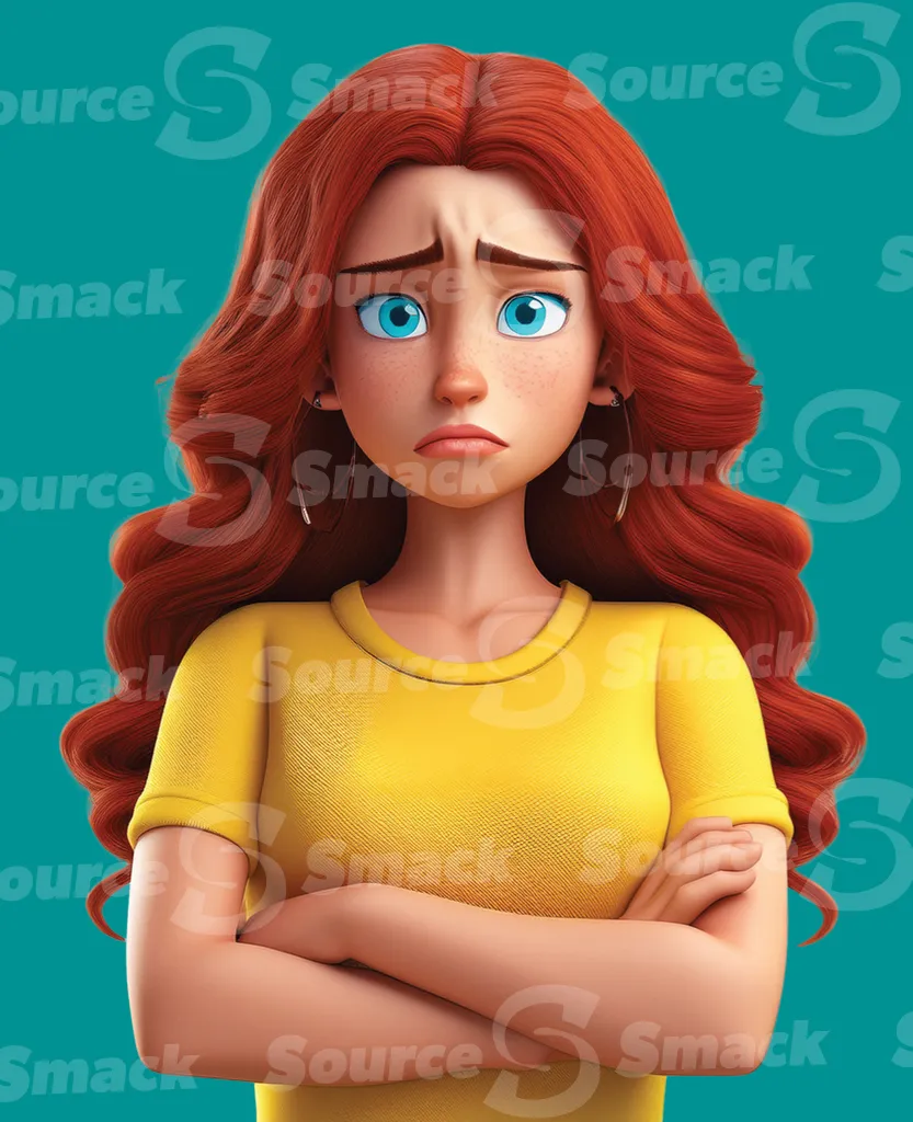 An sad red hair girl with folded arms clipped as a transparent image