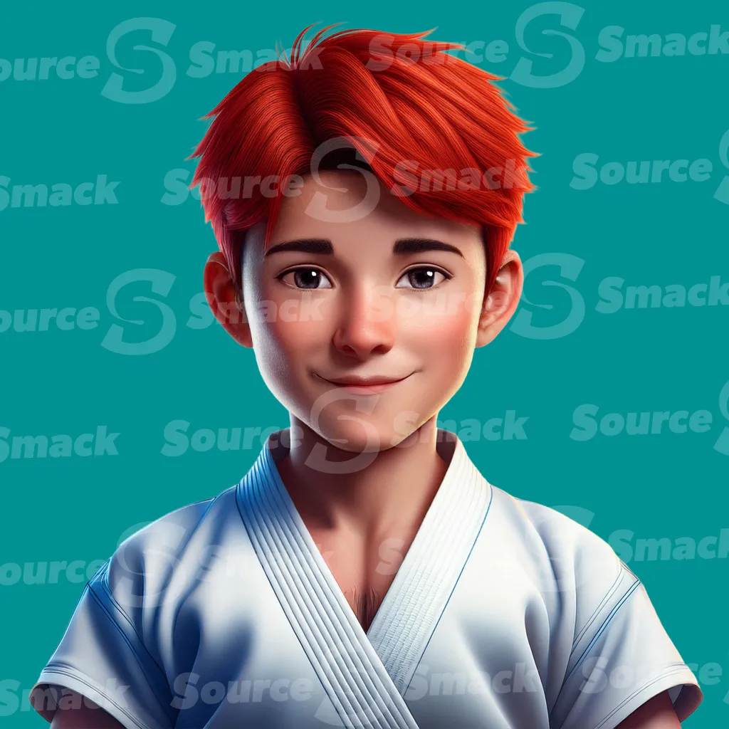 A red head teen in karate attire clipped as a transparent image