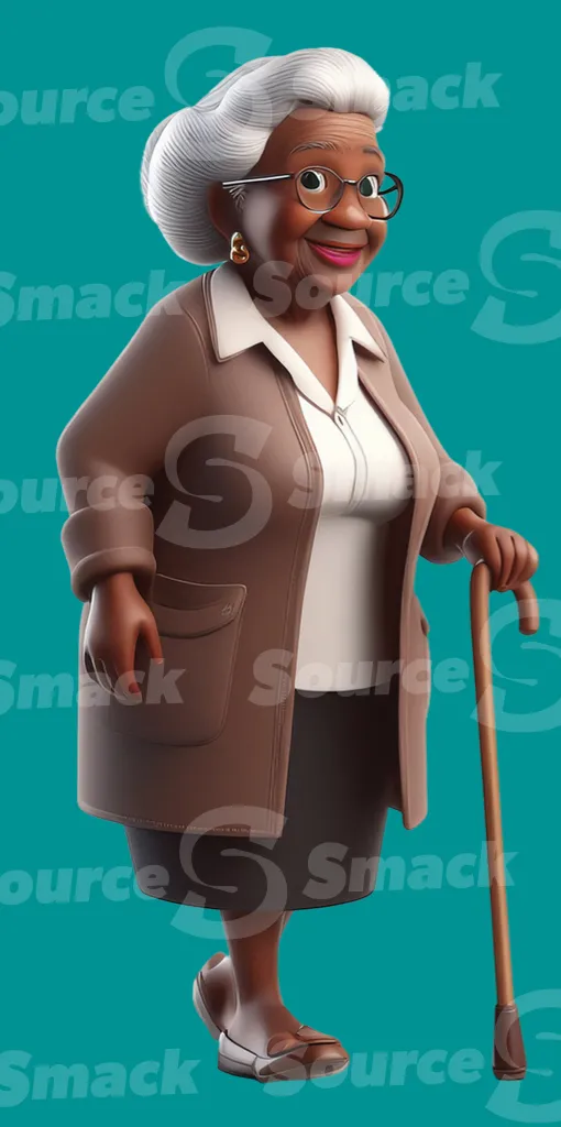 A elderly black woman walking with a cane clipped as a transparent image