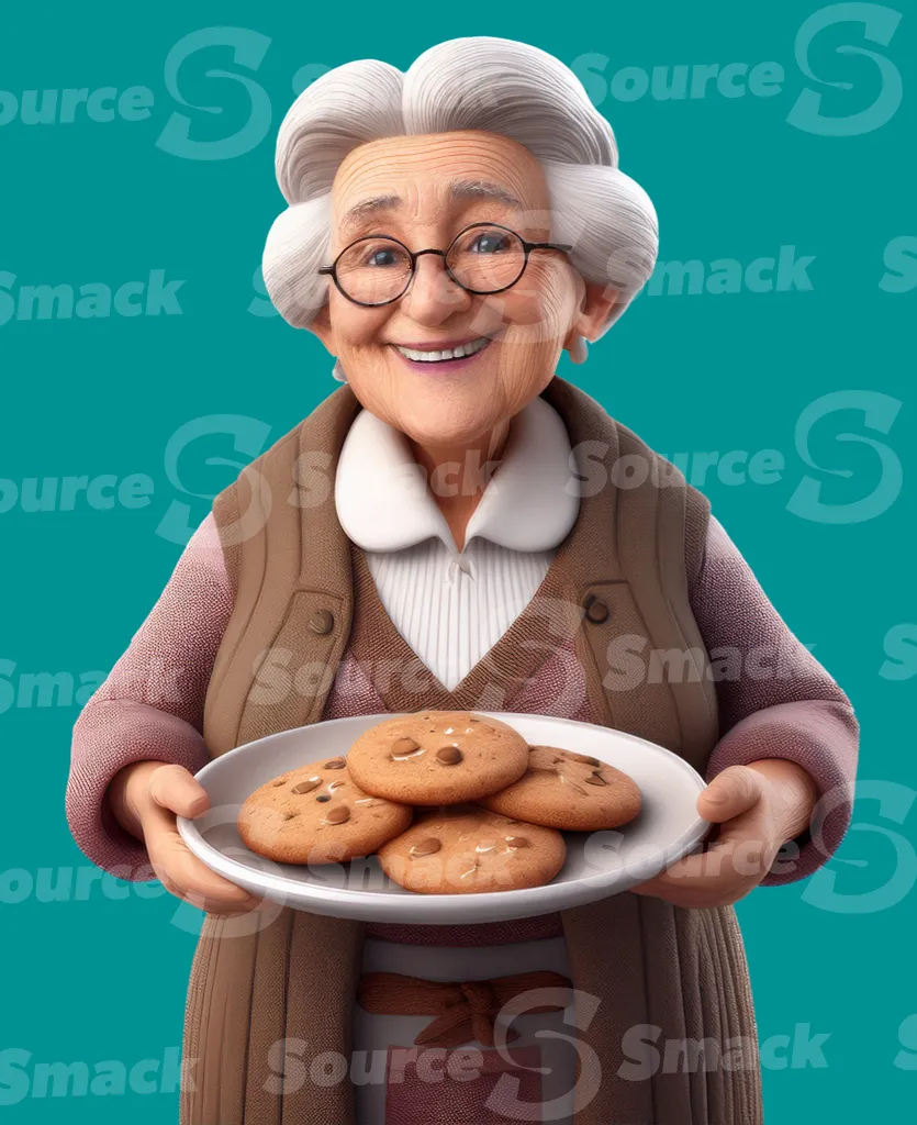 An elderly woman holding a plate of baked cookies clipped as a transparent image