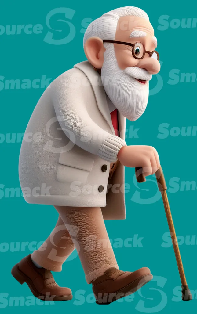 A elderly man walking with a cane clipped as a transparent image