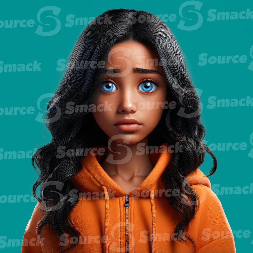 A young spanish girl in an orange hoodie looking upset clipped as a transparent image