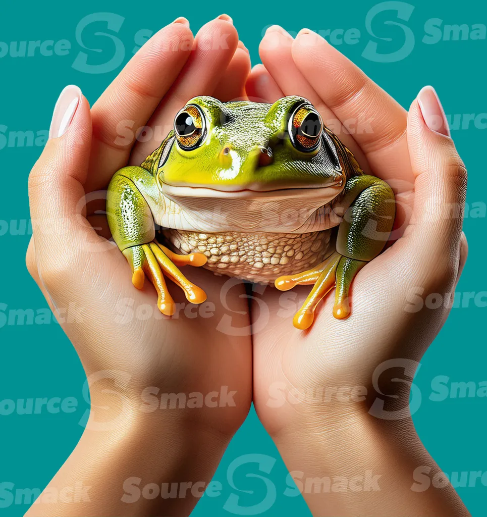 A woman cupping hands together to hold a frog clipped as a transparent image