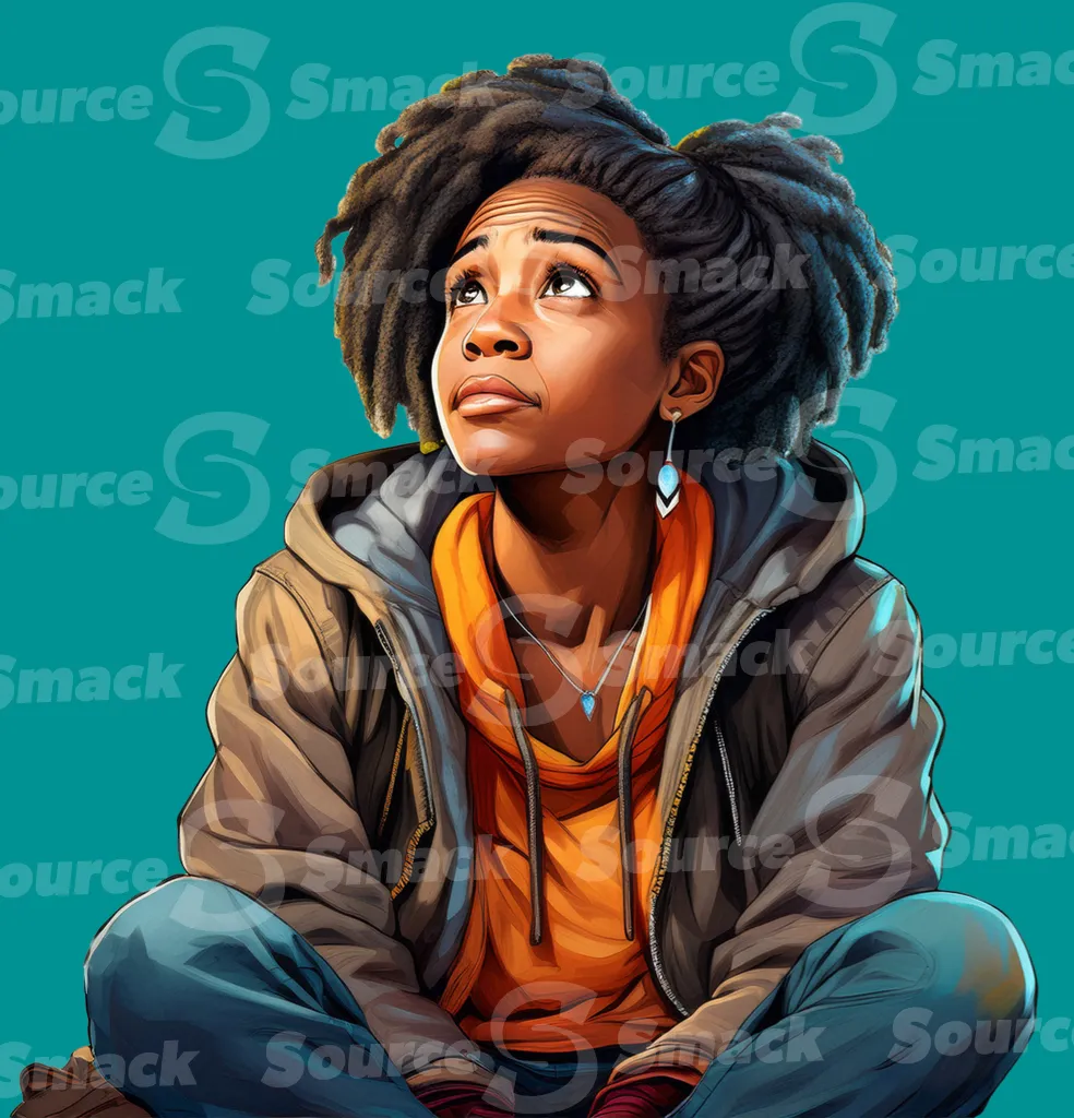 A young black woman feeling hopeless as she looks upwards clipped as a transparent image