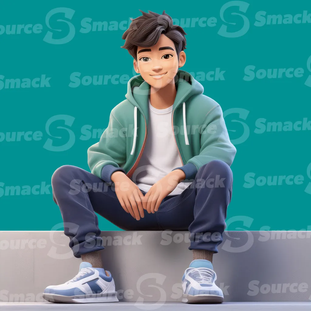 A smiling young asian male teen sitting on a curb clipped as a transparent image