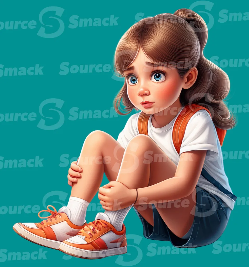 A young girl sitting down and holding her knees after a fall clipped as a transparent image