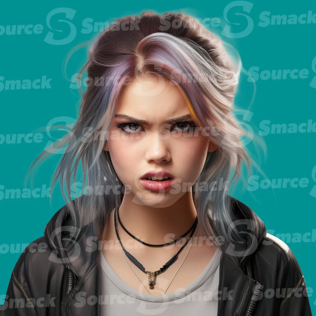 A young teen with a disgusted look on her face and colored highlights clipped as a transparent image