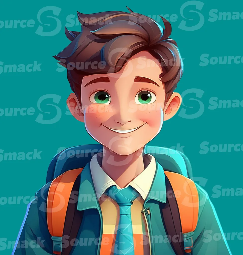 A bright young male teen wearing a backpack clipped as a transparent image