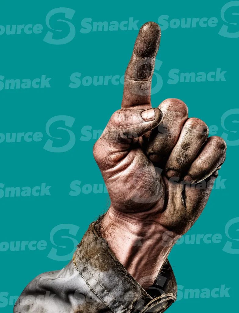 A man’s dirty muddy hand pointing upwards clipped as a transparent image