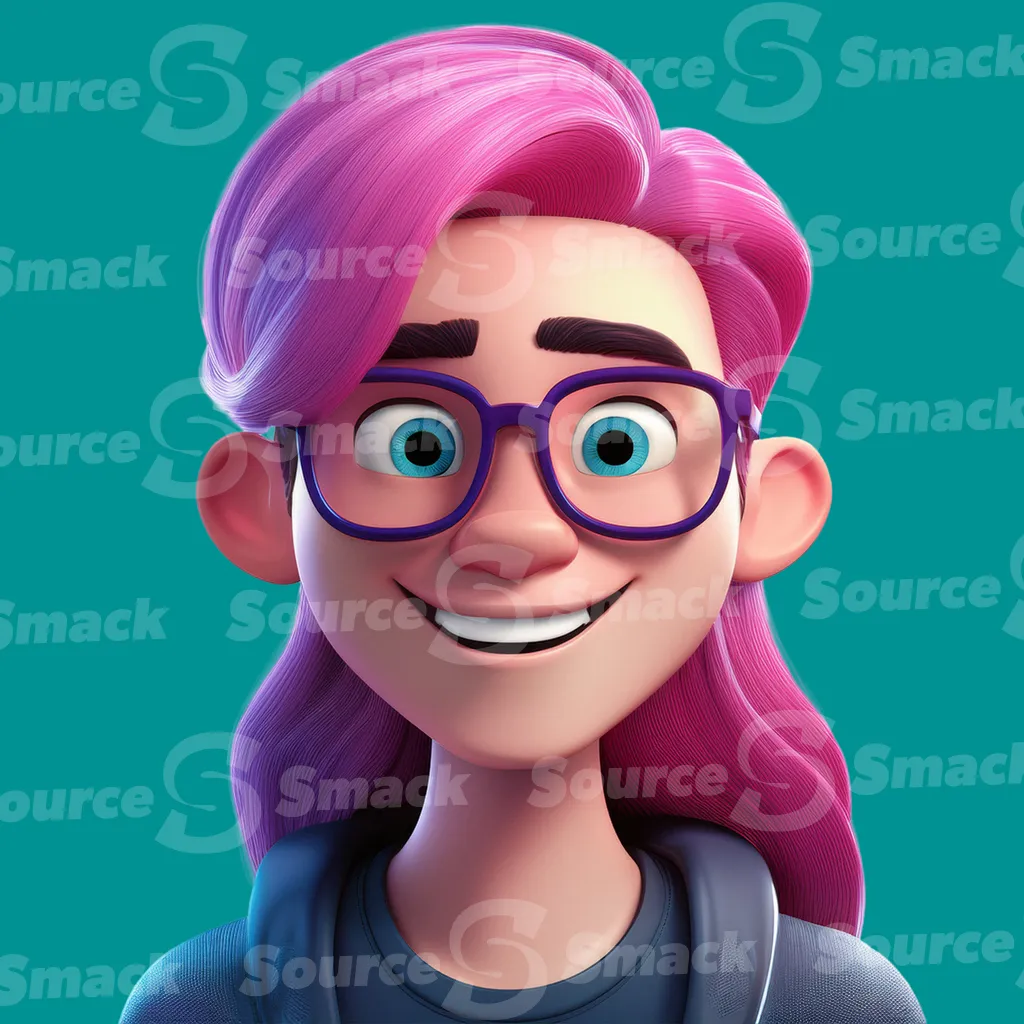 A cheerful teen with vibrant pink hair and purple rimmed glasses smiles directly at the viewer clipped as a transparent image