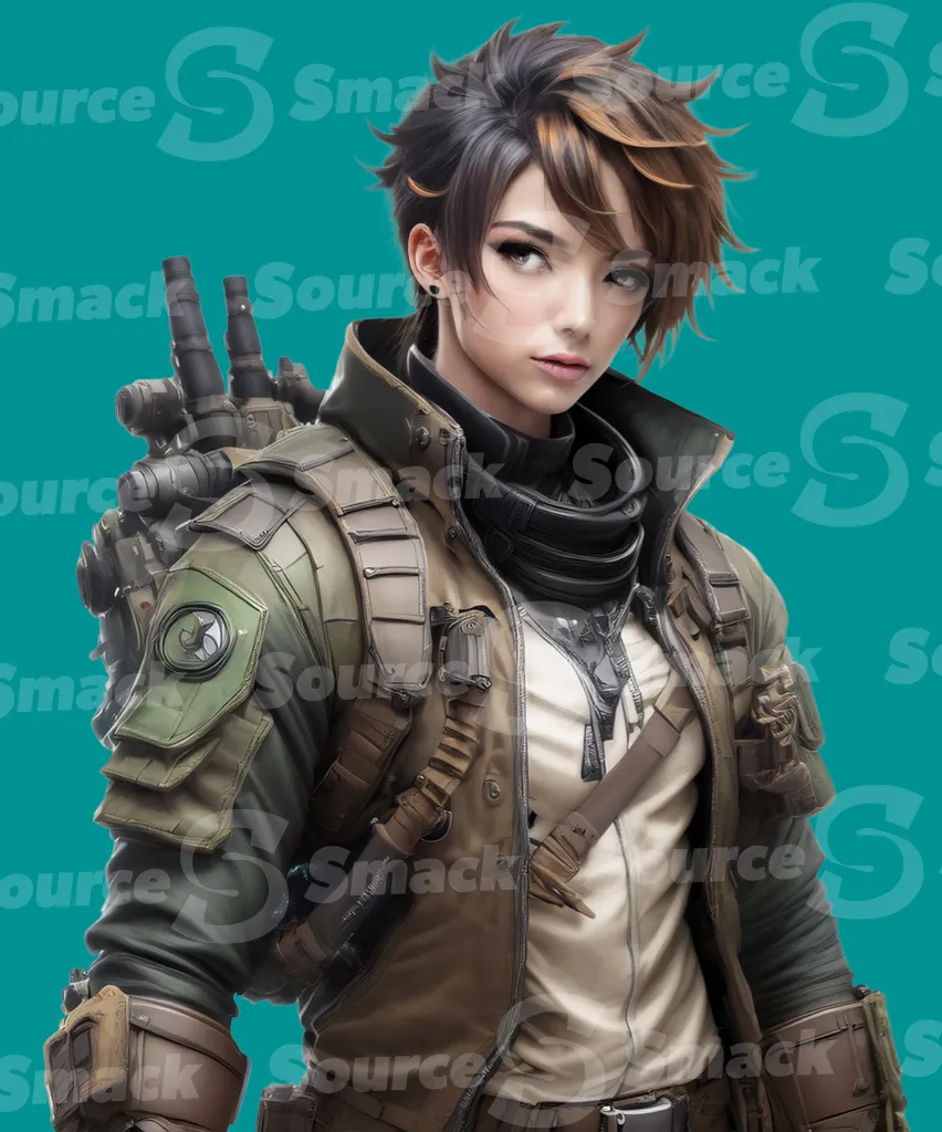 A young asian teen male wearing futuristic Arcane-style clothing with weapons standing clipped as a transparent image