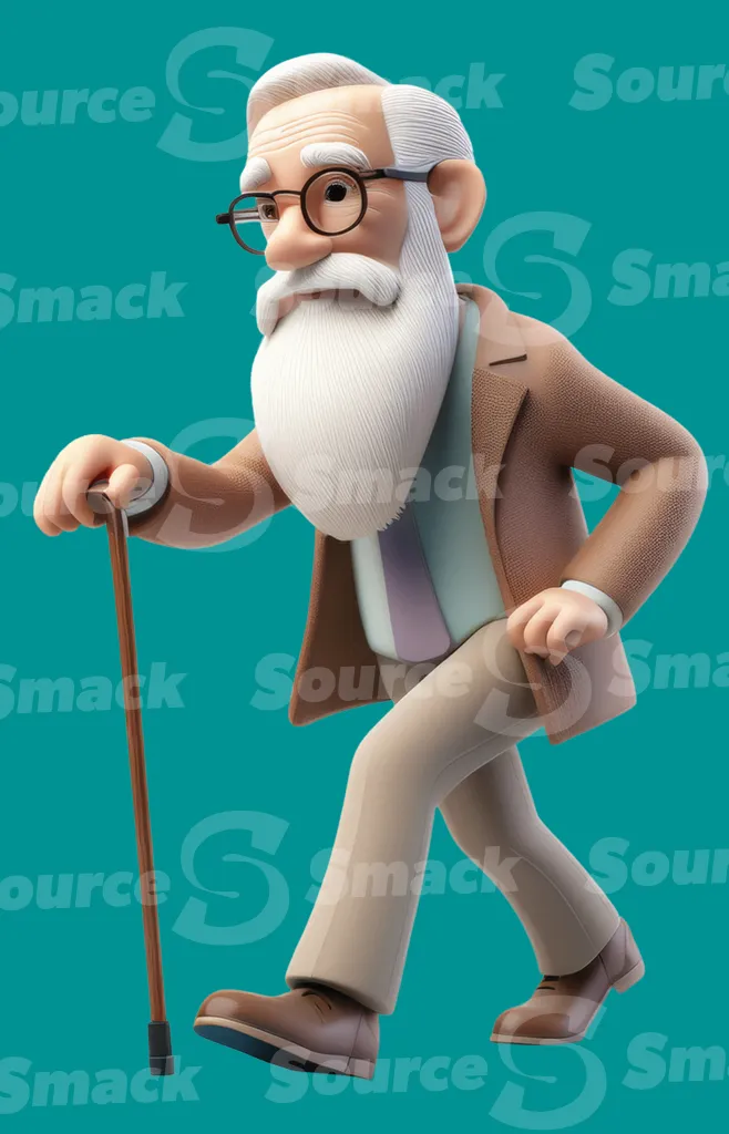 A elderly man walking with a cane clipped as a transparent image