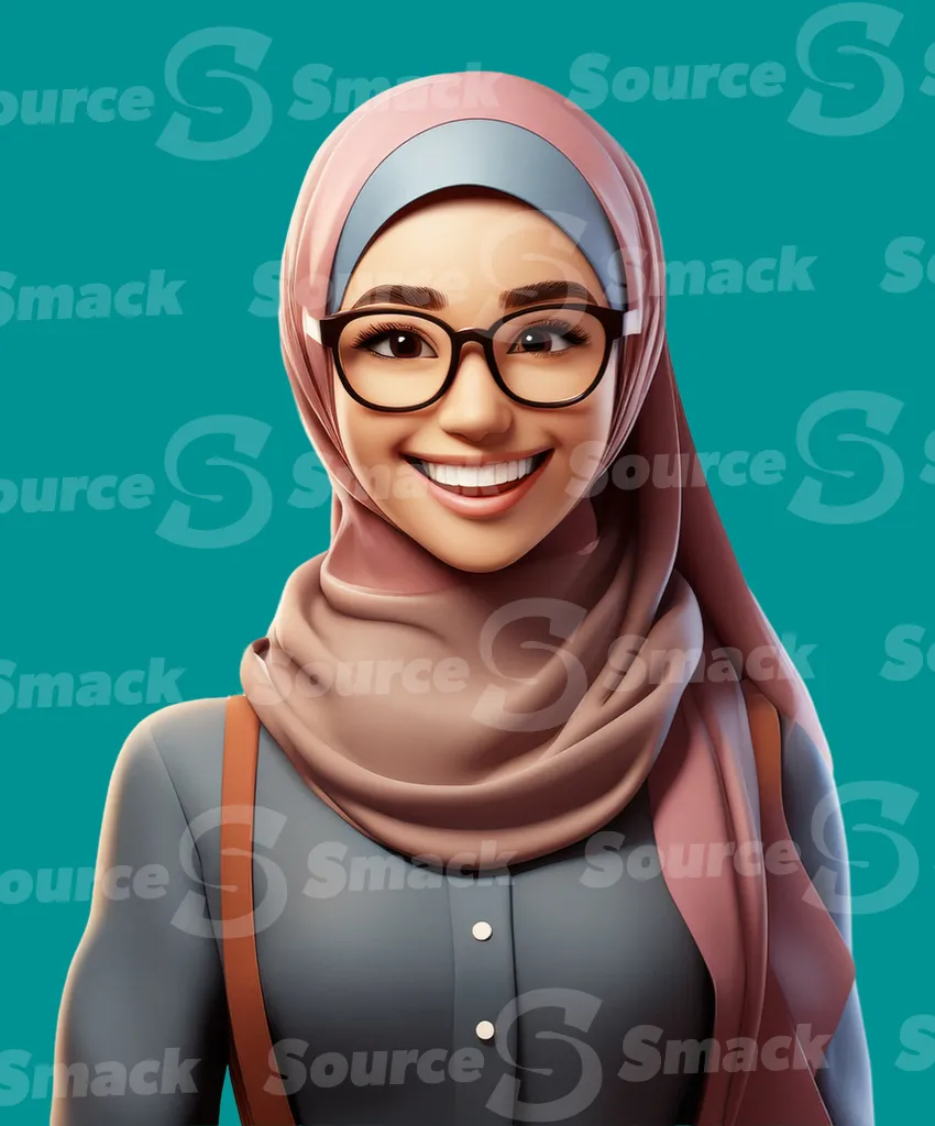 A confident young woman wearing a hijab and glasses clipped as a transparent image
