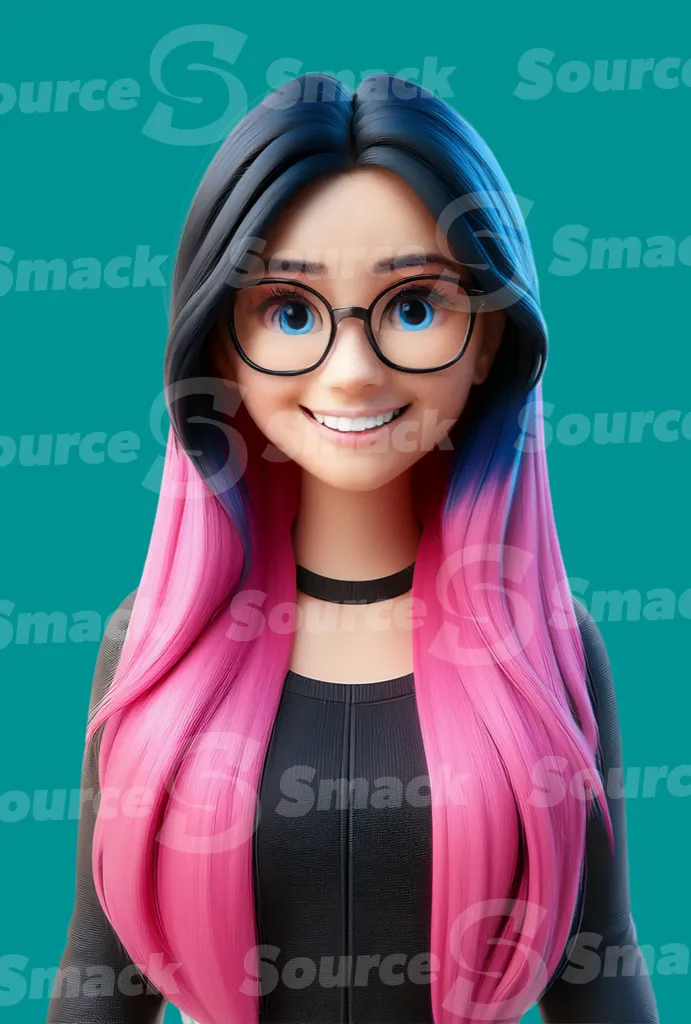 A happy teenage girl with vibrant pink and black hair and purple glasses smiles directly at the viewer clipped as a transparent image