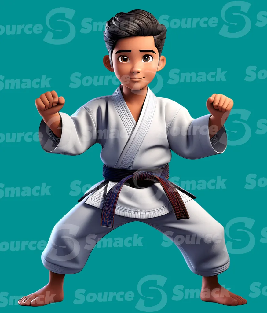 A black belt teen in a karate pose clipped as a transparent image