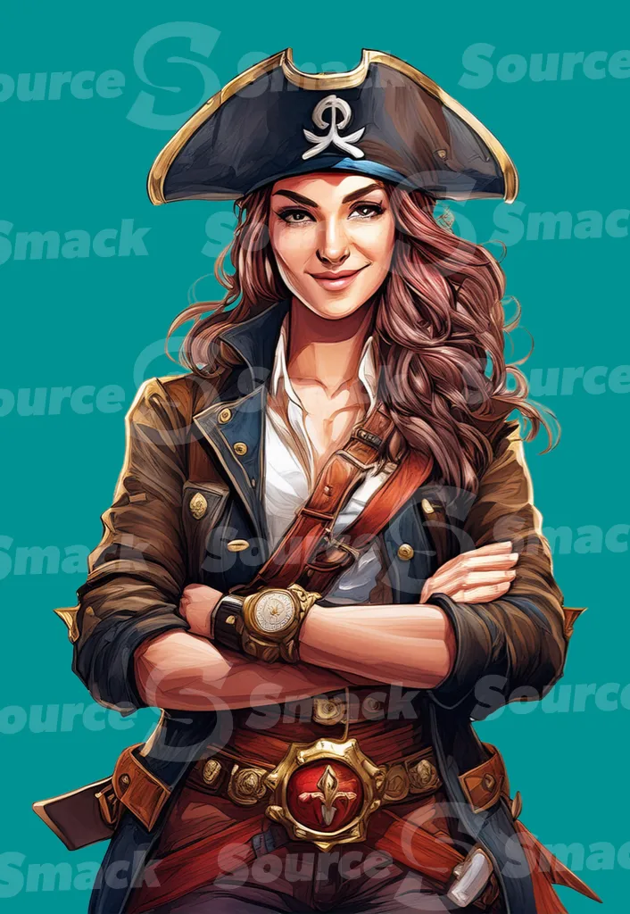 A smiling female pirate standing with arms crossed clipped as a transparent image