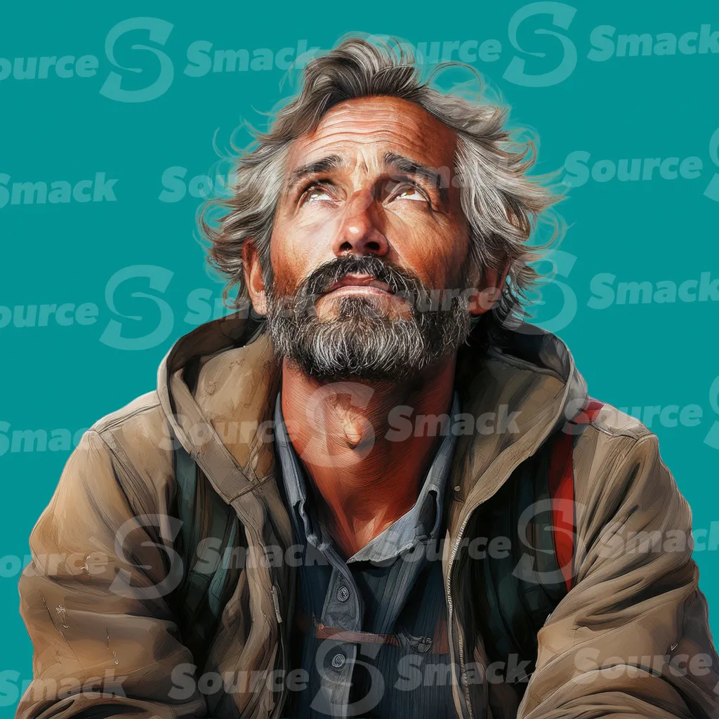 A homeless man looking straight upwards looking for relief clipped as a transparent image