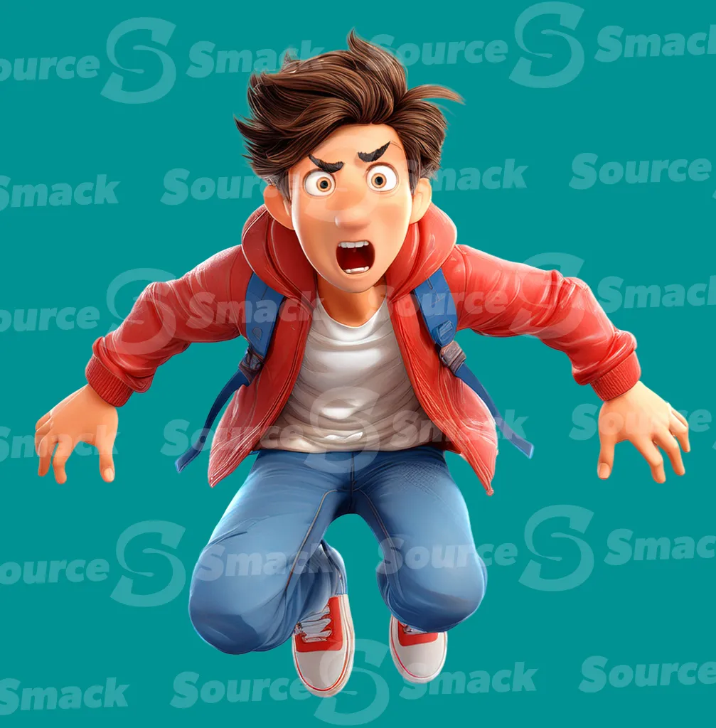 A young angry boy jumping up in the air clipped as a transparent image
