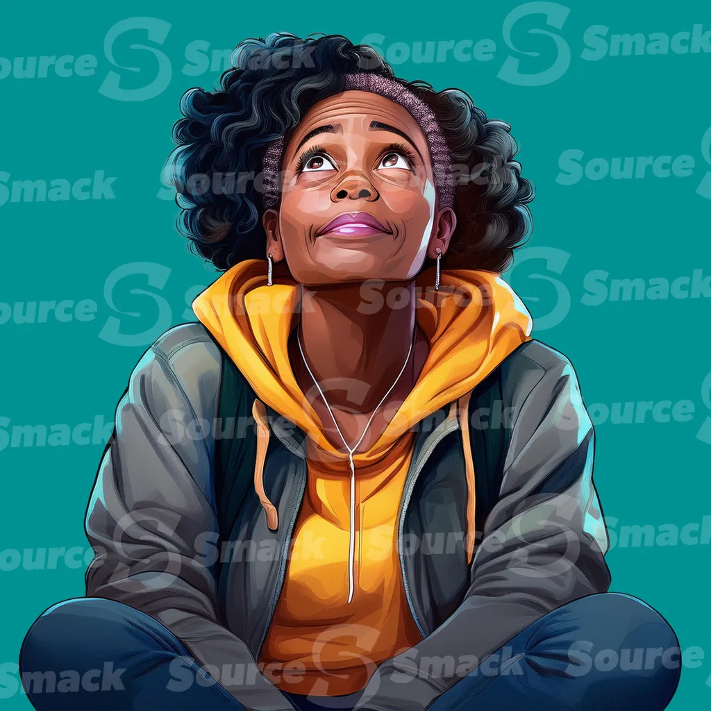 A black woman sitting while looking upwards clipped as a transparent image
