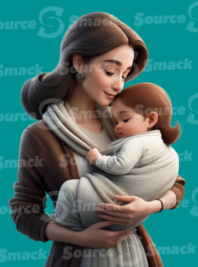 A young woman holding her child clipped as a transparent image