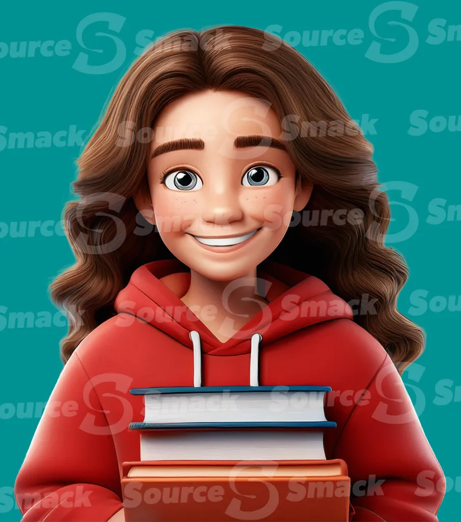 A young girl in a red hoodie carrying school books clipped as a transparent image