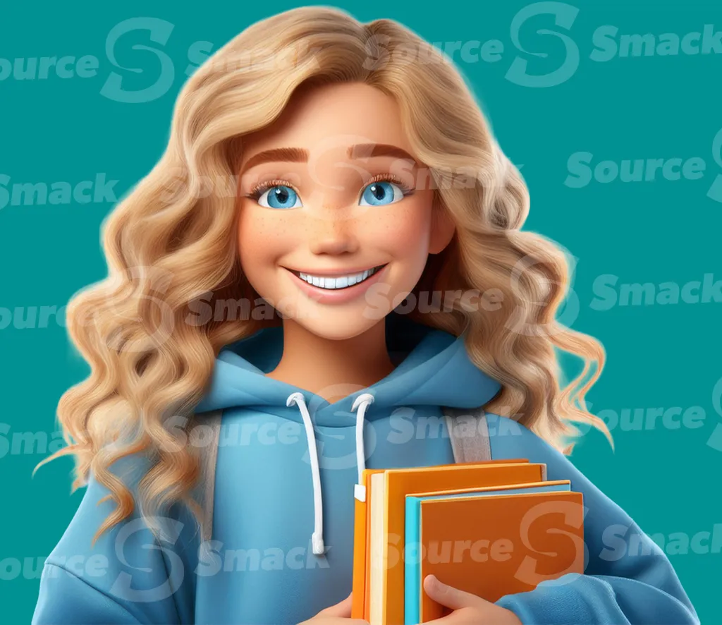 A young blonde girl in a blue hoodie carrying school books clipped as a transparent image