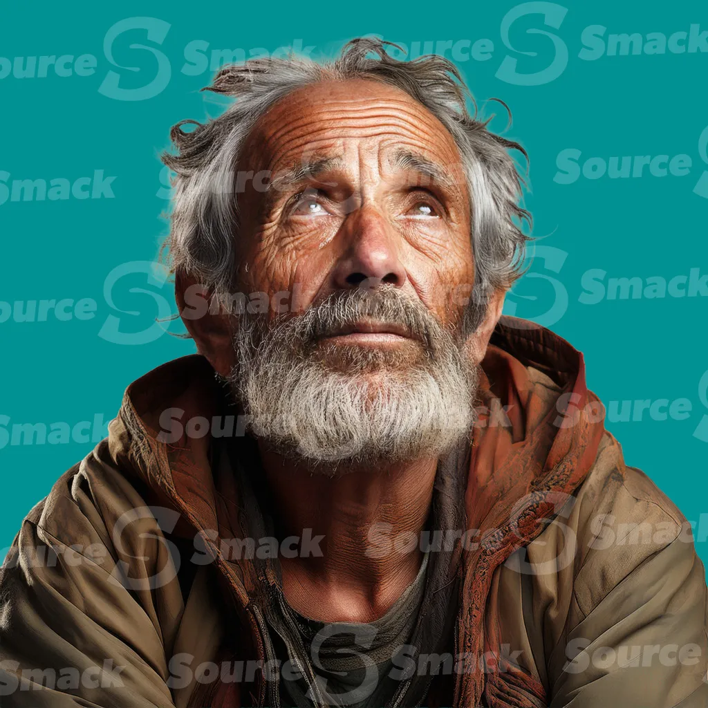 A homeless man looking straight upwards looking for relief clipped as a transparent image