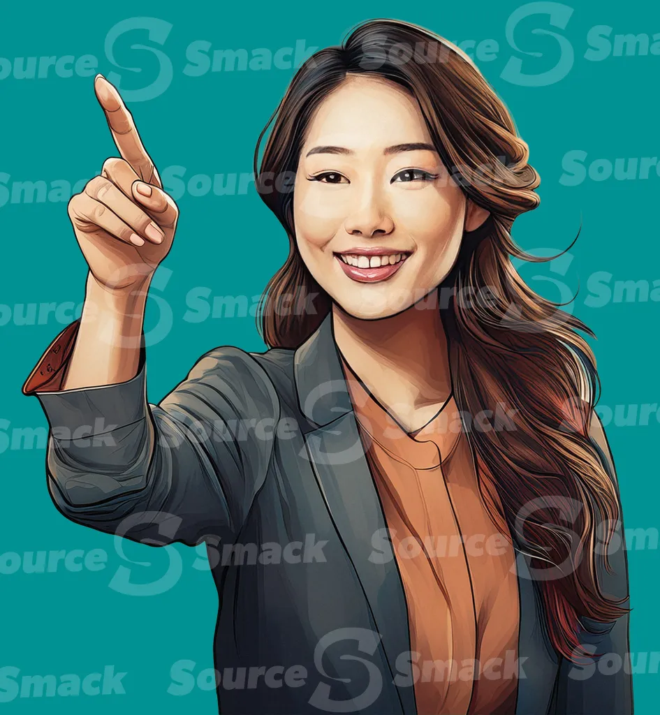 A young asian woman pointing towards something clipped as a transparent image