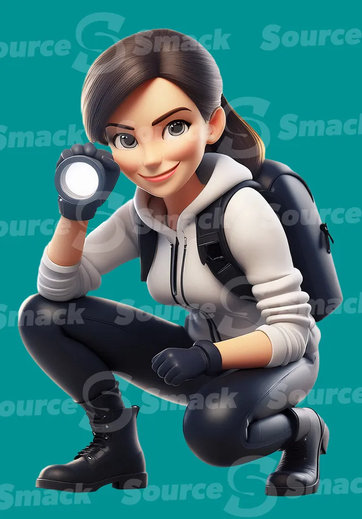 A brunette crouching with a flashlight clipped as a transparent image