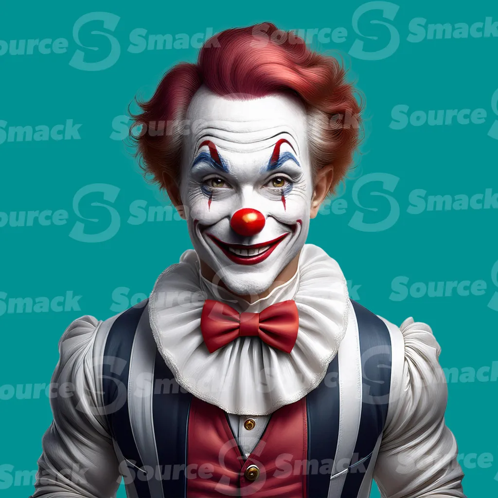 A clown dressed in a striped shirt and bow tie clipped as a transparent image