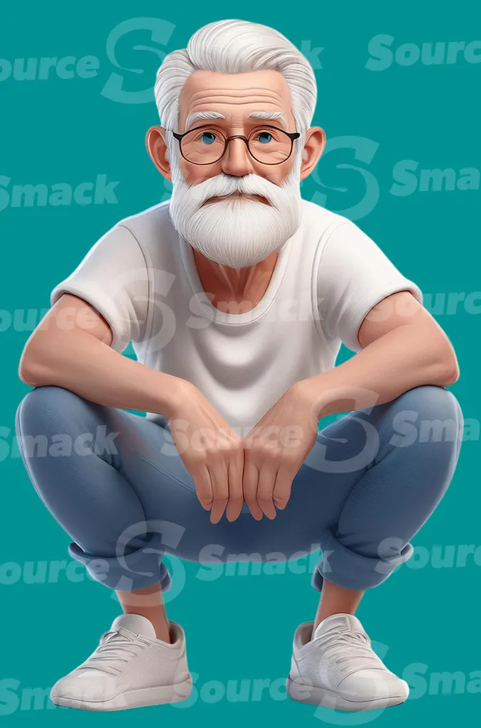 A senior man with gray hair and beard squatting clipped as a transparent image