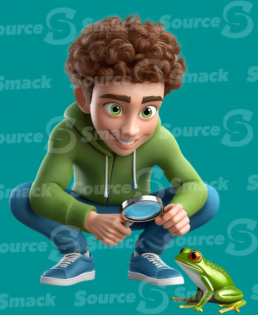 A young boy squatting to view a frog through a magnifying glass clipped as a transparent image