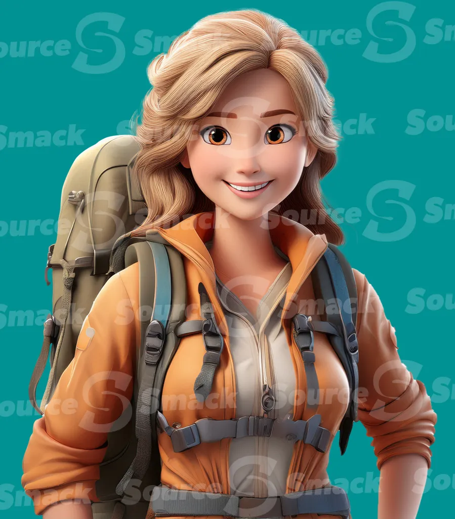 A young blonde woman hiker wearing a backpack clipped as a transparent image